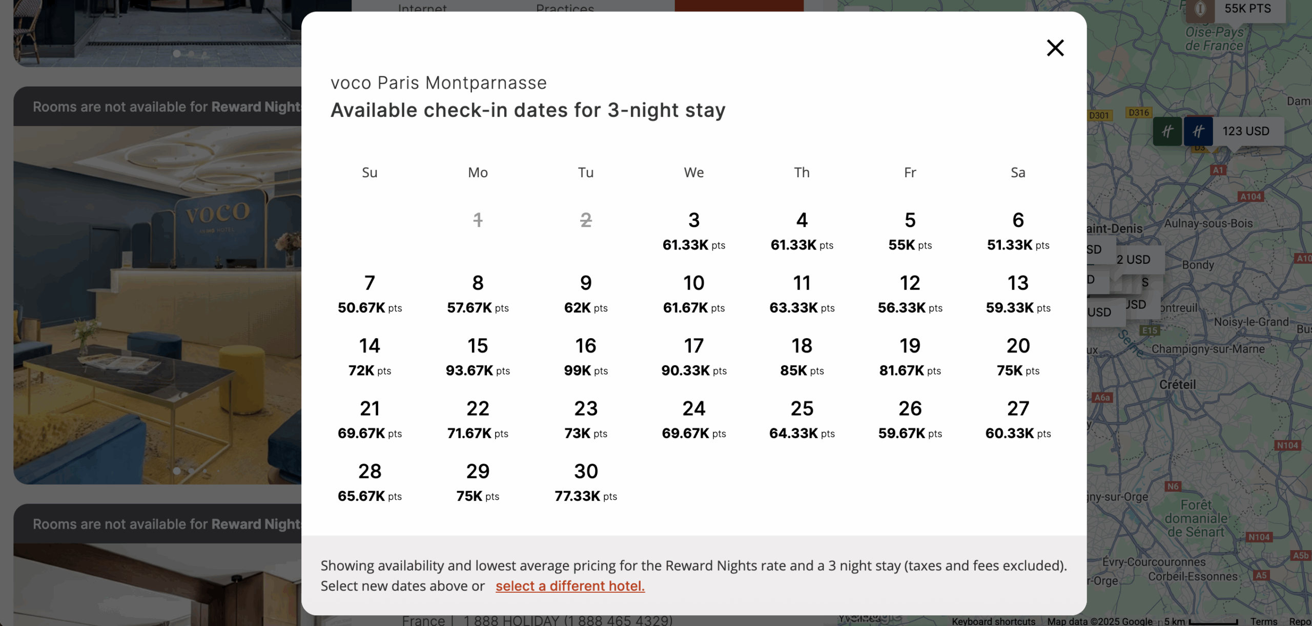 IHG award calendar showing availability in Paris for September 2025